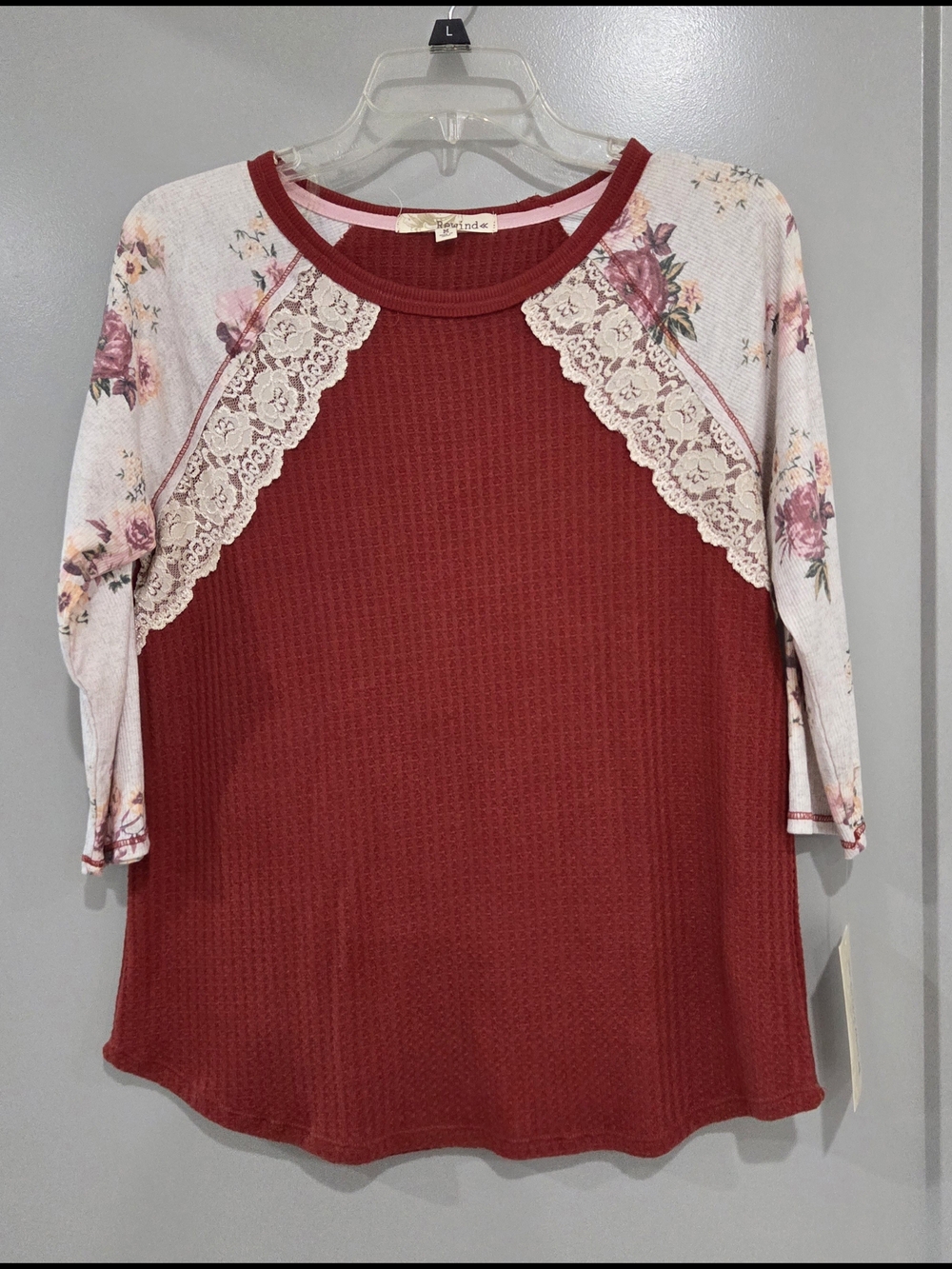 Waffle Knit Lace-Accent Top in Burnt Orange with Floral Sleeves / Size Medium